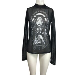Killstar You Look Like Trouble Call Me Black Mesh Sheer Mock Neck Graphic Top S